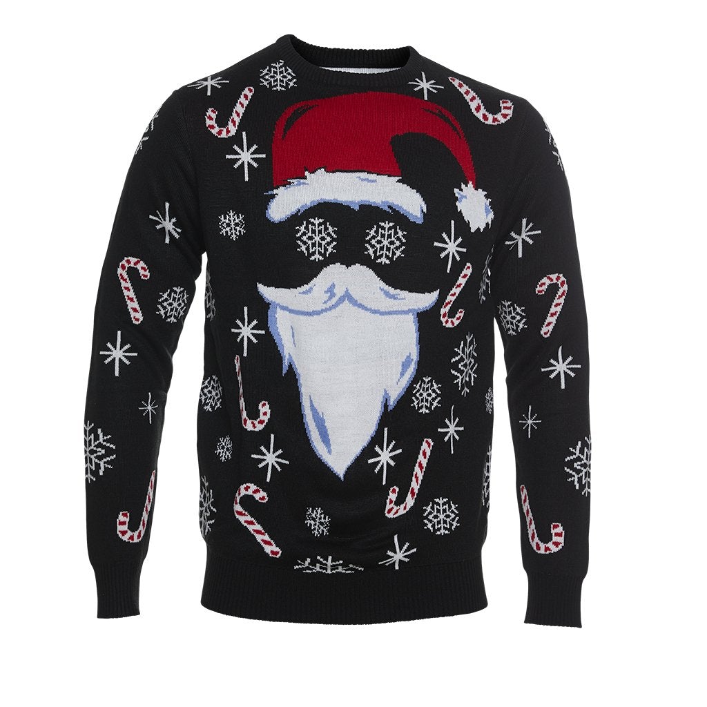 En svart jultröja med en jultomte och en snöflinga på.